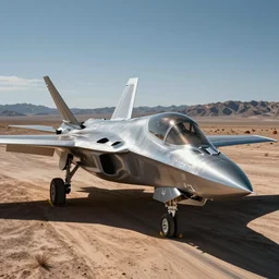 Chrome F4 Phantom, chrome fighter jet, shiny, reflective, parked in Nevada desert, ultra high detail