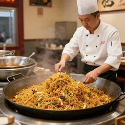 Inside a traditional Chinese restaurant, with the chef preparing lots of yakisoba in a giant pot