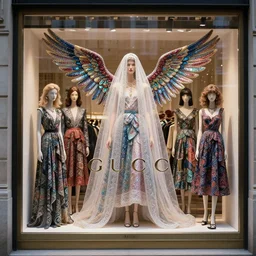 realistic 3d character render of a beautiful model  in the bergdorf goodman windows, veiled, avian-inspired,by tom bagshaw and Ekaterina Belinskaya and marie spartali Stillman  and Marianne North and William Morris and Billelis,trending on pinterest,GUCCI,DIOR,highly detailed,maximalist,glittering,feminine
