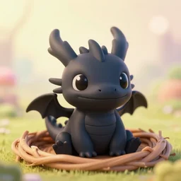 a portrait of a cute happy tiny black chibi dragon in a nest, black eyes, artstation, by magali villeneuve, depth of field, beautiful lighting, pastel colors, bokeh