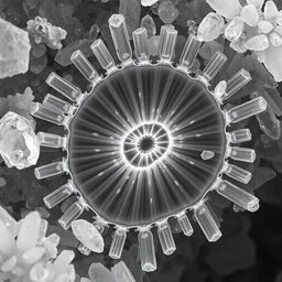 electron microscope enlargement of a chilopoda section, surrounded by acicular crystals, refracted internal light, rayograph photography