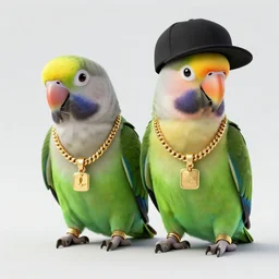 parrots wearing golden rings and necklaces, with rap cap on head, rapping and sitting on golden trees, rap scene, modern concept art, trending on artstation, highly detailed, digital art, 8 k