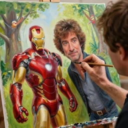 a closeup photorealistic photograph of bob ross working on a canvas painting of iron man and happy trees. film still, vibrant colors. this 4 k hd image is trending on artstation, featured on behance, well - rendered, extra crisp, features intricate detail, epic composition and the style of unreal engine.