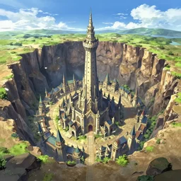 fantasy anime background art of a medieval city built in the bottom of a giant crater, with a tall tower in the center