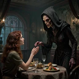 a strange creature greeting a female explorer in a dining room, haunted house, masterpiece, detailed human face, rhads!!!, magical realism, urban fantasy, a hooded figure, a fierce woman, ( h. r. giger )