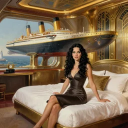 a bedroom in the atlantis paradise, a retro futuristic spaceship made of brass bronze gold, art deco influence, hotel style design. bioshock, starship titanic. sitting on the bed is a beautiful woman with long wavy curly black hair and green eyes, wearing a cocktail dress. clean, well composed painting by artgerm and greg rutkowski.