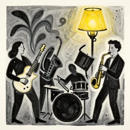 cover art for jazz band with lamp mascot, alice neel, linocut, analogous - colors, tones of black, dot