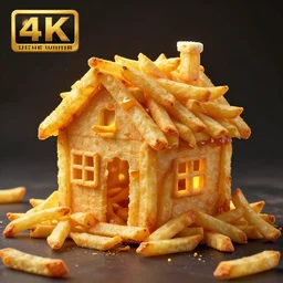 house made of french fries, artstation trending, winner, 1 st place, octane render, 8 k, dramatic lighting, tasty, food photography, food decoration, highend, illustration!!!!, fine details,