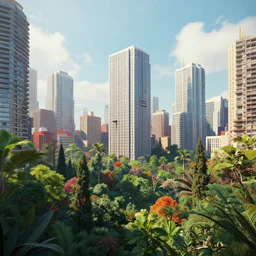a colorful overgrown forest with a single building based on the architecture of ricardo bofill within an urban megacity, sci - fi, light blue sky with clouds, dramatic matte painting, style by piet mondrian, 8 k, octane render, photorealistic, hyperrealism