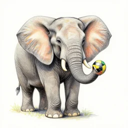 crayon drawing of an elephant holding a ball with his nose, detailed
