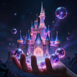 enchanted castle, pro - vida, cosmic integration, closeup of a hand holding spheres of power, cosmic color scheme, macro up view, neon, glow, darkness, dramatic, sharp focus, octane render, imax
