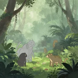 Anime environment, huge jungle, animals, simple, rough draft, sketch, muted colors, 8k, trending on artstation