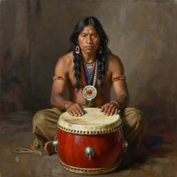a realistic painting of indigenous man sitting behind a shamanic drum, highly detailed, matte painting, fantasy art, ayahuasca