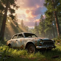 an abandoned old car in the woods, concept art, grass, volumetric, epic sky, detailed, beautiful, high detail, low angle, godrays, by jordan grimmer, huge scene, cinematic view, art greg rutkowski, warm lighting, vivid, trending on artstation