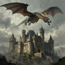 a castle with a giant dragon flying over it, concept art by aleksi briclot, adam burn, featured on artstation, gothic art, concept art, official art, matte painting