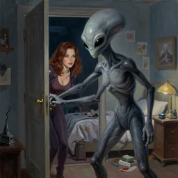 a tall gray alien with big black eyes opening the door, abducting beautiful dana scully, a cluttered bedroom at night, probe, highly detailed, classic oil painting, digital illustration, concept art, sharp focus, style of tim hildebrandt, alex grey