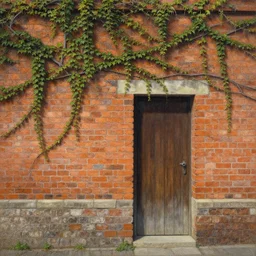 a beautiful painting of an ancient brick wall covered in vines with a single closed wooden door, landscape, 8 k, photorealism