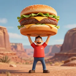 Markiplier lifting a gigantic hamburger over his head, utah, bokeh filter