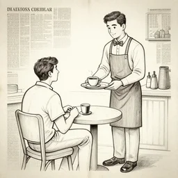 a waiter serving coffee to a man seating. line drawing. vignette. newspaper drawing style. detailed. hq.