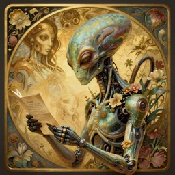 a beautiful intricate fine art portrait photo of an alien xenomorph reading a letter, by tom bagshaw and alphonse mucha, perfection!, studio lighting, side profile view, golden ratio composition, 3 5 mm lens, bionic robot overgrown with flowers, cybernetic scifi, deep depth of field, artstation, 8 k