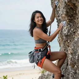 beautiful half vietnamese tanned woman, toned, rock climber, instagram, smiling, beach, portrait, photorealistic