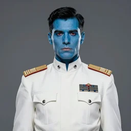 portrait of a man by greg rutkowski, blue skin, red eyes, short black hair in military style, tall, star wars expanded, universe, he is about 5 0 years old, wearing white colored imperial admiral uniform, artstation hq