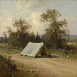 A painting of a small camp on the side of a dirt road, painting by Albert Bierstadt