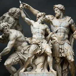 a statue of a man wielding a spear against a giant, marble, roman, classic, hyper - realistic