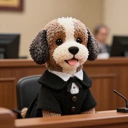 a closeup photorealistic photograph of a cute smiling knitted bernedoodle judge dog dressed in a black gown, presiding over the courtroom. professional capture, well lit shot. this 4 k hd image is trending on artstation, featured on behance, well - rendered, extra crisp, features intricate detail, epic composition and the style of unreal engine.
