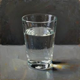 beautiful large glass of clear water on a table in a dark room with light catching on it’s shiny polished surface, painted in the style of the old masters, painterly, thick heavy impasto, expressive impressionist style, painted with a palette knife