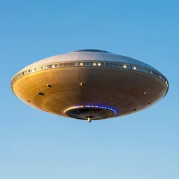 A flyng saucer, plain, colorful, portholes, lights, beautiful, DSLR, blue sky