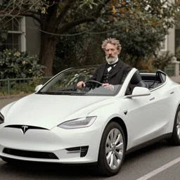 nikola tesla driving a tesla, natural light, midshot