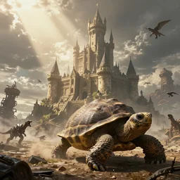 large fantasy castle sitting on the top of a giant tortoise, stomping through a harsh wasteland with sharp rays of sunlight, howls moving castle, mortal engines, kaiju, distant - mid - shot, fantasy, hyper detailed, 4 k n - 9
