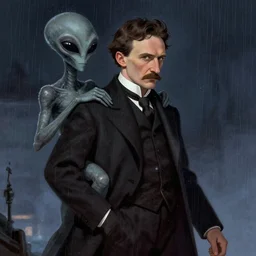 a beautiful illustration of nikola tesla being taken away by grey aliens, dark night, raining by greg rutkowski, digital artwork, artstation, cgartists, conceptartworld, deviantart, magic the gathering artstyle