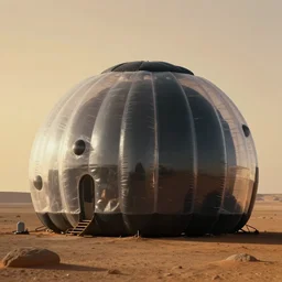 a strange huge transparent pvc inflated organic architecture building black matte by jonathan de pas sits in the planet mars landscape, golden hour, film still from the movie directed by denis villeneuve with art direction by zdzisław beksinski, close up, telephoto lens, shallow depth of field