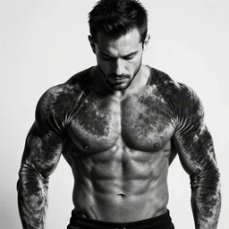 muscular man showing off but his muscles are covered in velvet, hd, black and white photography,