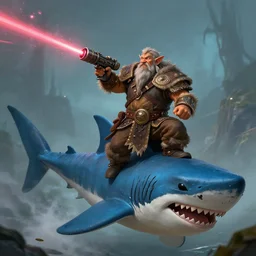 a male dwarf hunter from world of Warcraft, riding a shark with a laserbeam canon