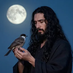 portrait of a man with long black hair and beard holding a bird in his hands, full moon in the background, fine portrait, beautiful, concept art, by tomer hanuka, by alex vermeer
