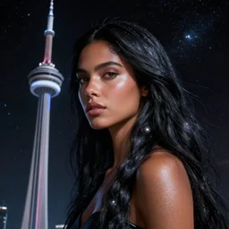 unreal, cosmic shimmer, black hair tan skin girl in space, cn tower, surreal, mysterious, hyperfine, unreal engine 5 highly rendered, global illumination, by eytan zana, pablo carpio.