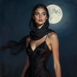 detailed portrait in daring femininity, ethnic, clear eyes, statuesque, gazelle - like, confident realistic face, radiant skin, dark gown and scarf, svelte fashion design, bathed in moonlight, chiaroscuro, impressionism, sense of motion, natural color scheme, contrasting highlights, contemporary, deep rich hues, illustration