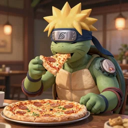 Naruto Style art, ninja turtle eating pizza, ghibli, unreal 5, DAZ, hyperrealistic, octane render, dynamic lighting