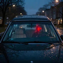 late night, rain, hearse, driver with bright red glowing eyes