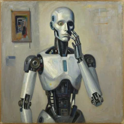 painting of a cyborg questioning his reality by graham sutherland, basquiat, neo - expressionism