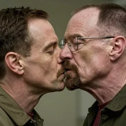 a still from breaking bad of Jesse Pinkman (in left) kissing Walter White (in right), close-up, highly detailed skin