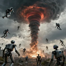 hundreds of robots fly around tornado dramatic lighting, cinematic, establishing shot, extremely high detail, photorealistic, cinematic lighting, artstation, by simon stalenhag