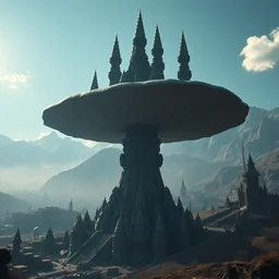enormous brutalist ancient mushroom tower shaped like amanita muscaria, a detailed structure with at the top 3 spires in form of a trident, set against sunlit mountains and a huge old city, 8 k, artstation, volumetric lighting, cinematic composition, octane render, dark surrealism, highly detailed by peter mohrbacher, hajime sorayama, wayne barlowe, boris vallejo, aaron horkey, gaston bussiere, craig mullins