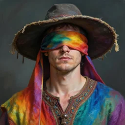 portrait of a man wearing a blindfold covering his eyes, rainbow colored tunic, wide brimmed hat with hanging tassels, fantasy, highly detailed, cinematic lighting, digital art painting by greg rutkowski