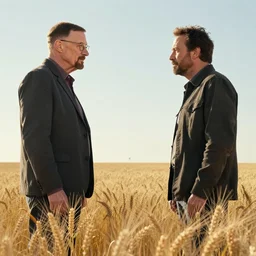 extreme long shot of walter white and gustavo fring standing facing each other from a distance in a wheat field, low angle, side view, perfect angle, 8 5 mm photograph, 8 k resolution, wide shot, sharp lens, high detail, cinematic
