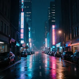 A neon cityscape of heavy glow illuminating a dark, rainy street.