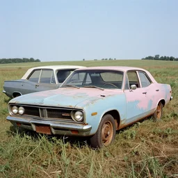 A photograph of a +++rusty+++, worn out, broken down, beater Powder Blue Dodge Aspen (1976) in a farm field, photo taken in 1989